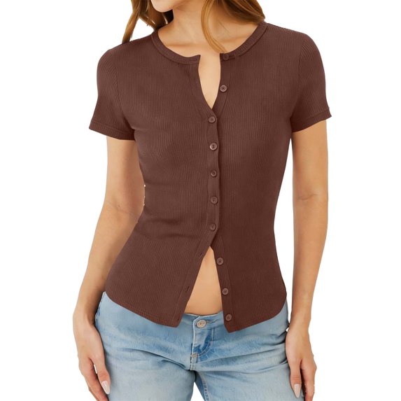 PFRNLF Ribbed Knit Tops for Women Summer Y2k Short Sleeve Crop Button Down Tight Tees Shirts