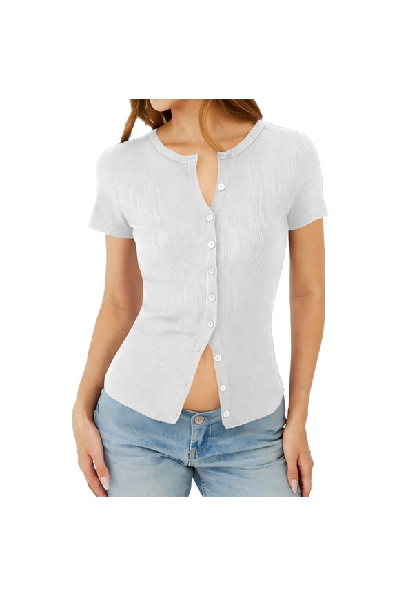 Ribbed Knit Tops for Women Summer Y2k Short Sleeve Crop Button Down Tight Tees Shirts