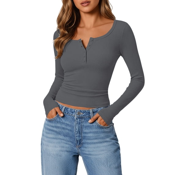 PFRNLF Ribbed Long Sleeve Shirts for Women Fall Button Slim Fit Knit Basic Casual Henley Tops