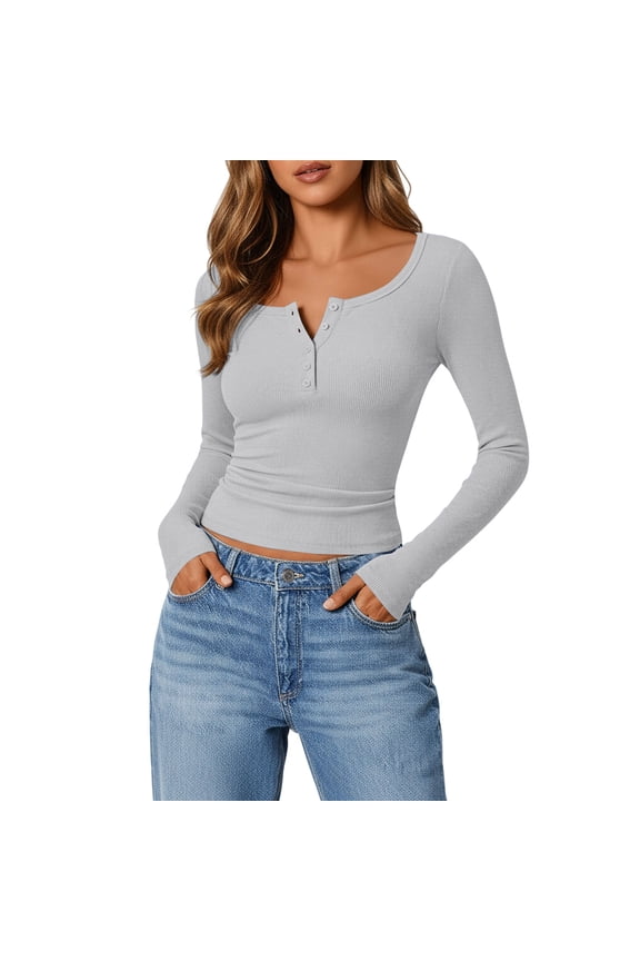 Ribbed Long Sleeve Shirts for Women Fall Button Slim Fit Knit Basic Casual Henley Tops