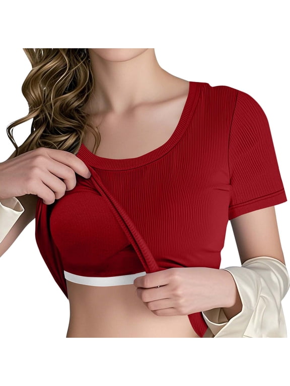 Ribbed T Shirts for Women with Chest Pad,Summer Casual Knit Slim Fitted Tops Crew Neck Short Sleeve Basic Tees