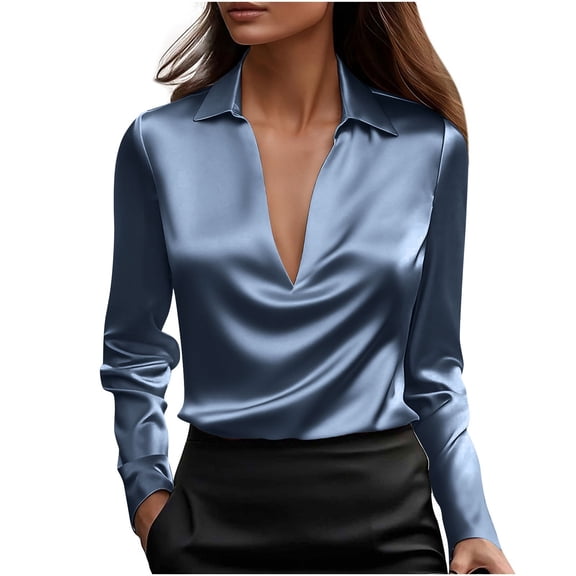 PFRNLF Satin Silk Tops for Women Elegant Long Sleeve Blouse Business Casual Blouses Dressy Deep V Neck Shirts