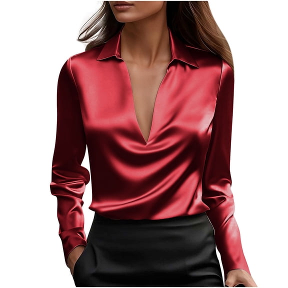 PFRNLF Satin Silk Tops for Women Elegant Long Sleeve Blouse Business Casual Blouses Dressy Deep V Neck Shirts