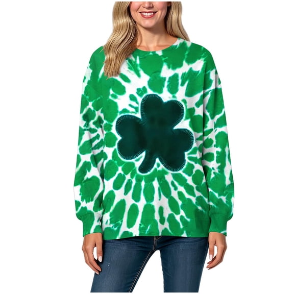 PFRNLF St Patricks Day Tie Dye Sweatshirt for Women Lucky Shamrock Long Sleeve Shirt Ireland Clover Print Pullover Tops
