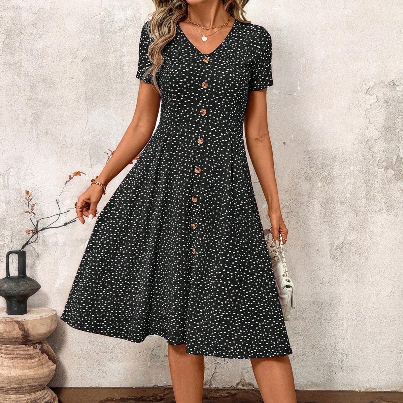 PFRNLF Summer Dresses for Women Short Sleeve Casual V Neck Swing Button  Down Flowy Dress - Walmart.com