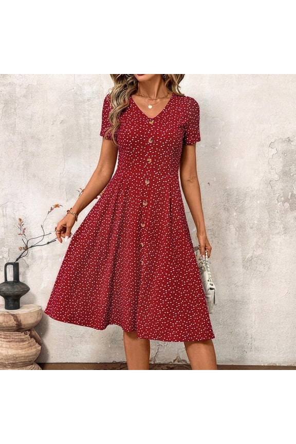 Summer Dresses for Women Short Sleeve Casual V Neck Swing Button Down Flowy Dress