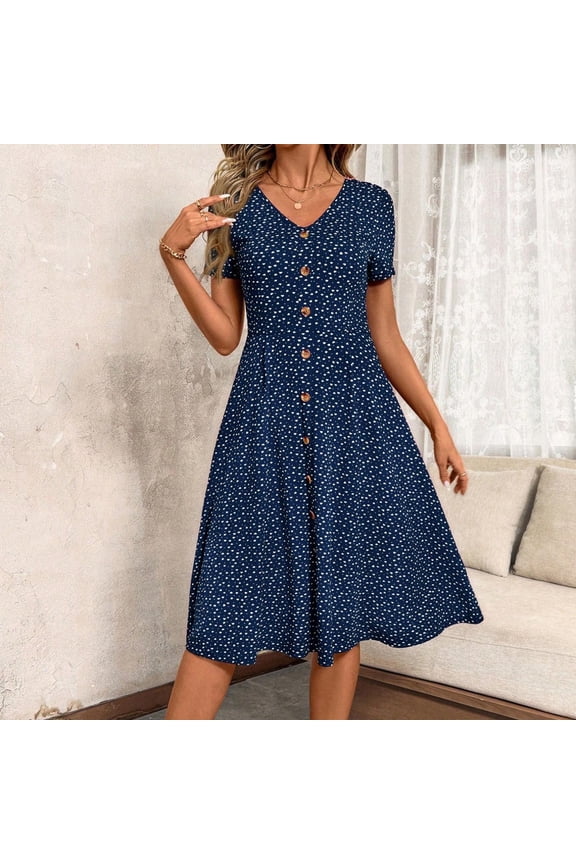 Summer Dresses for Women Short Sleeve Casual V Neck Swing Button Down Flowy Dress