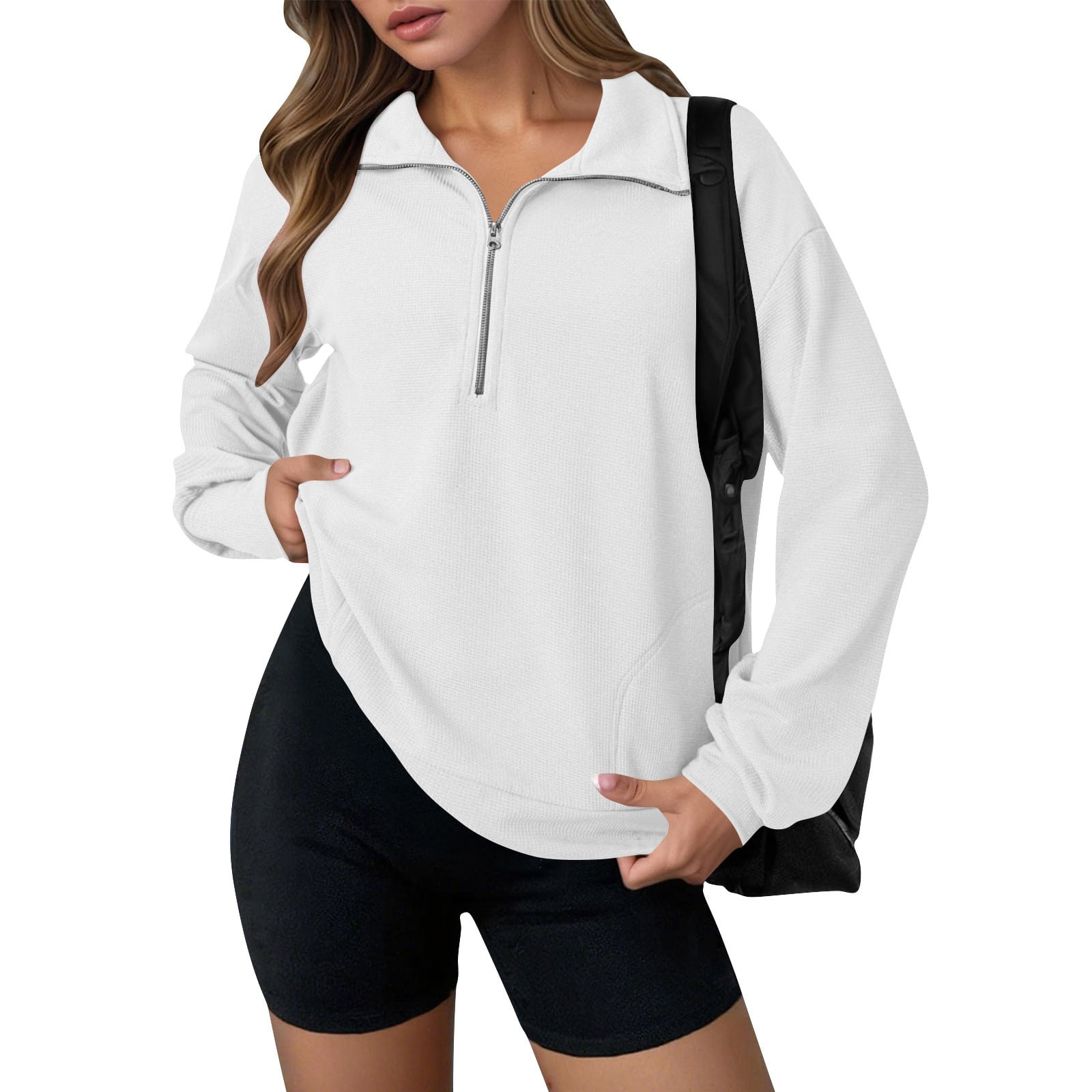 Women's  Waffle Knit Half Zip Pullover Casual Sweatshirt main image 1