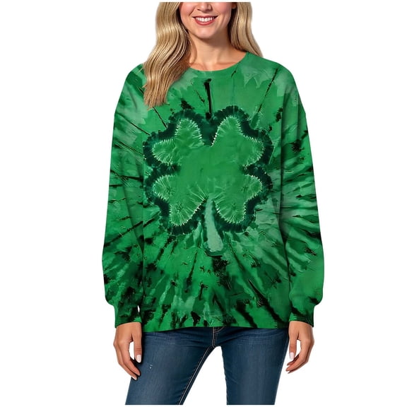 PFRNLF Tie Dye St Patricks Day Sweatshirt Women Long Sleeve Shamrock Shirt Irish Clover Casual Pullover Tops