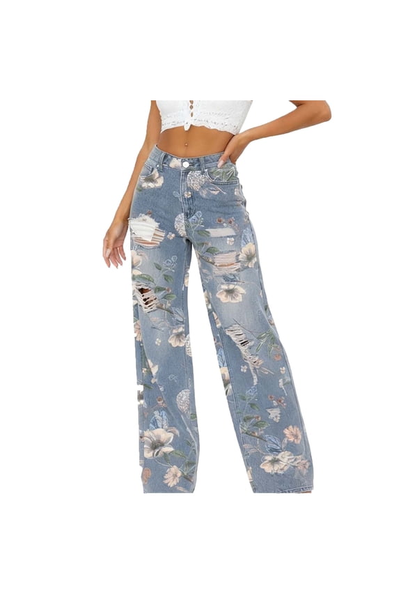 Vintage Floral Jeans for Women No Boundaries High Waisted Casual Wide Leg Hole Denim Pants