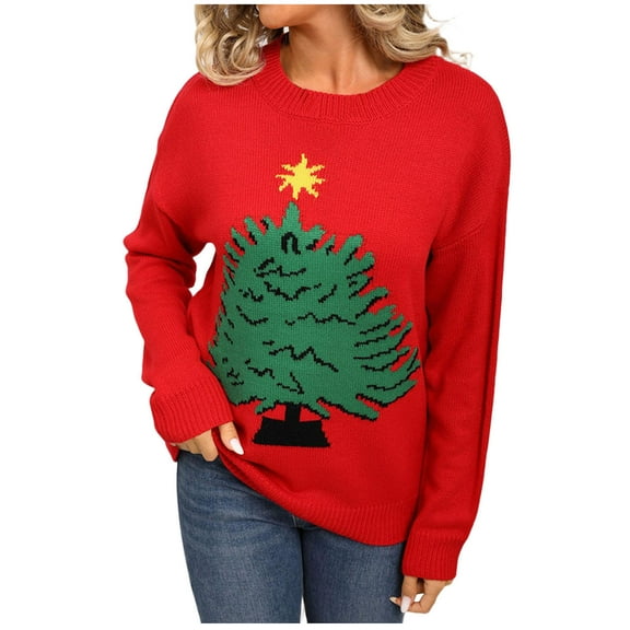 PFRNLF Christmas Sweaters for Women No Boundarie,Cute Cedar Patterns Long Sleeve Christmas Tree Printed Knitted Pullover Tops