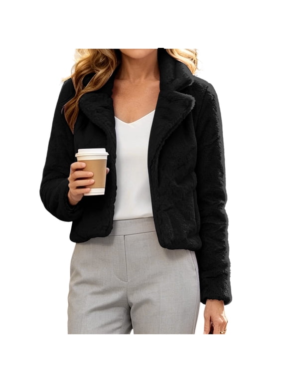 Women's Cropped Faux Fur Jackets Warm Puffy Cardigan Furry Fuzzy Jacket