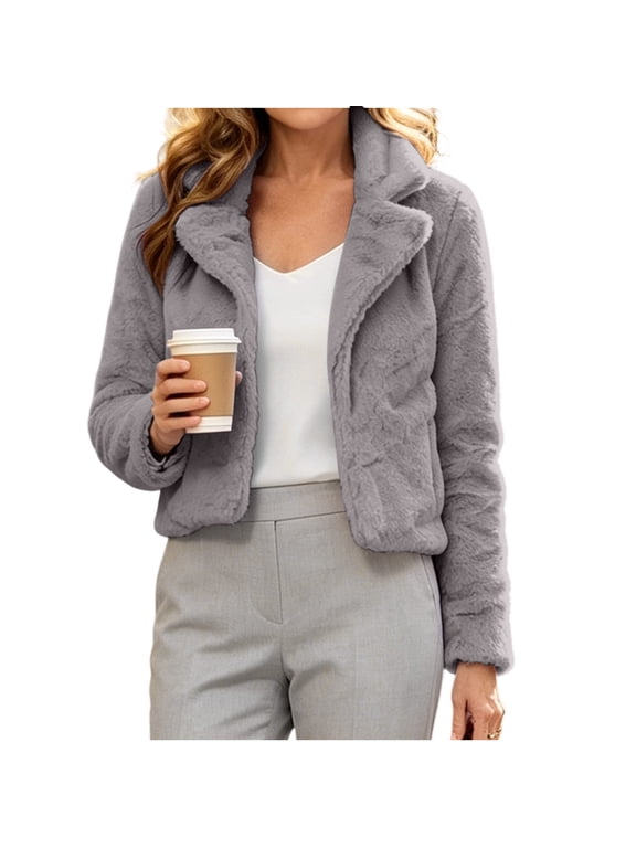 Women's Cropped Faux Fur Jackets Warm Puffy Cardigan Furry Fuzzy Jacket