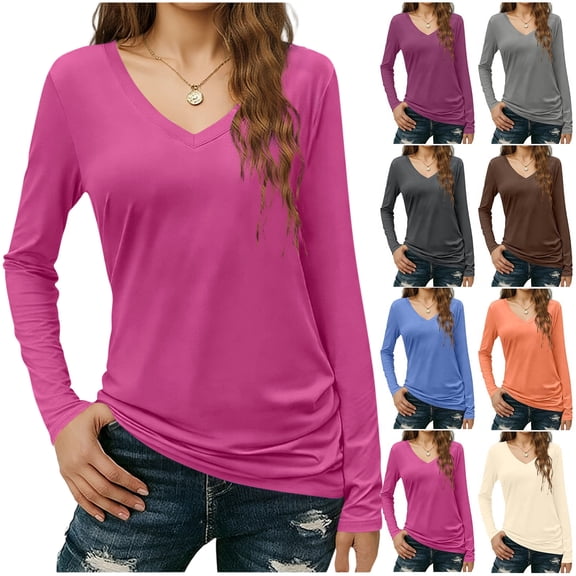 PFRNLF Women's Long Sleeve T Shirts V Neck Cotton Basic Tee Soft Breathable Casual Tops