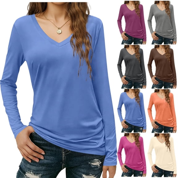 PFRNLF Women's Long Sleeve T Shirts V Neck Cotton Basic Tee Soft Breathable Casual Tops