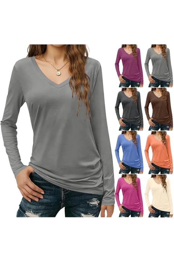 Women's Long Sleeve T Shirts V Neck Cotton Basic Tee Soft Breathable Casual Tops