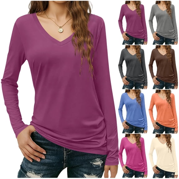 PFRNLF Women's Long Sleeve T Shirts V Neck Cotton Basic Tee Soft Breathable Casual Tops