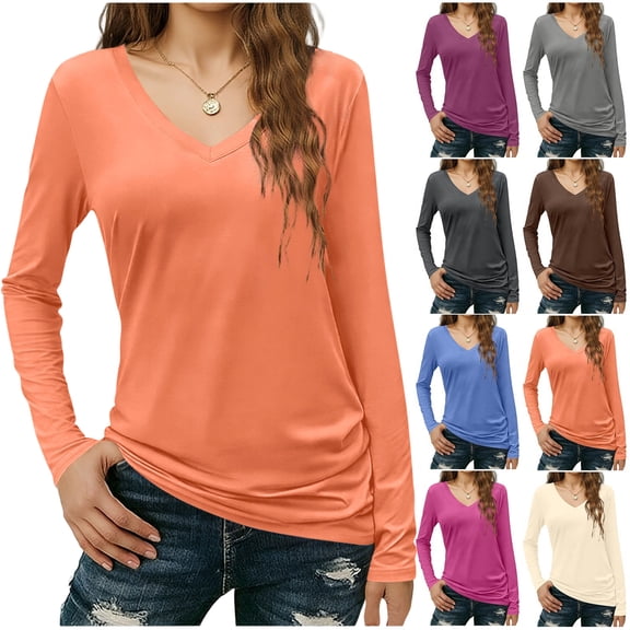PFRNLF Women's Long Sleeve T Shirts V Neck Cotton Basic Tee Soft Breathable Casual Tops