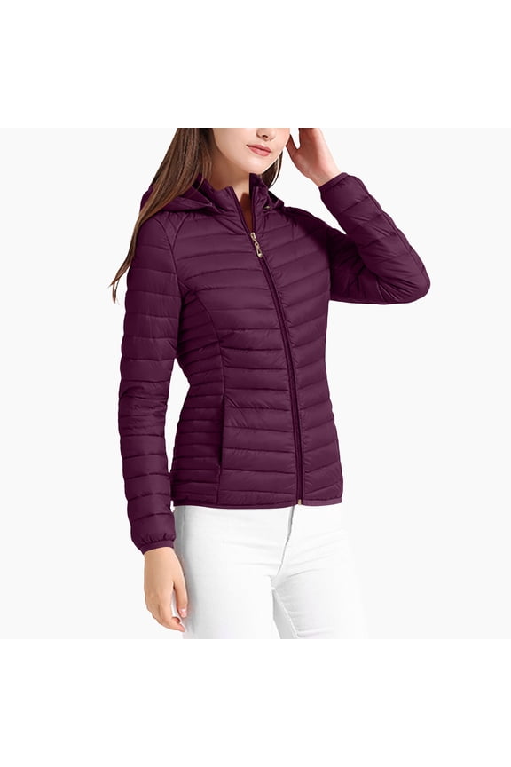 Women's Puffer Jacket Lightweight Quilted Padded Zip Up Stand Collar Winter Fleece Coat with Removable Hood