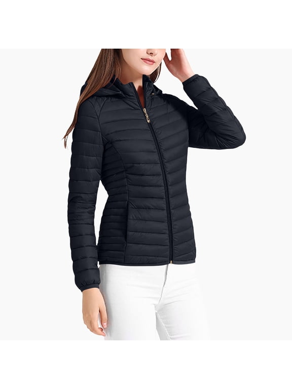 Women's Puffer Jacket Lightweight Quilted Padded Zip Up Stand Collar Winter Fleece Coat with Removable Hood
