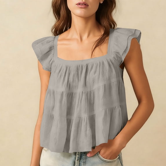 PFRNLF Women's Ruffle Sleeve Crop Tops Summer Flutter Cute Square Neck Casual Cotton Linen Blouses