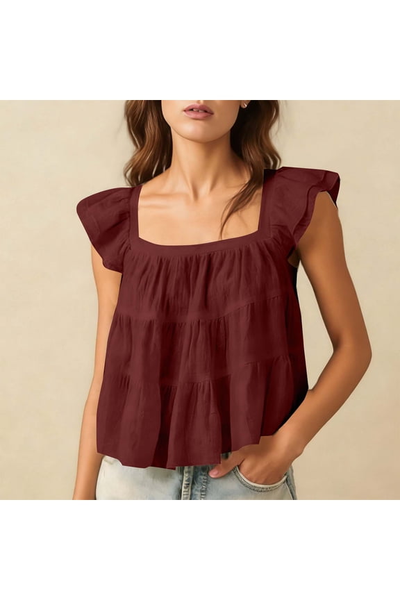 Women's Ruffle Sleeve Crop Tops Summer Flutter Cute Square Neck Casual Cotton Linen Blouses