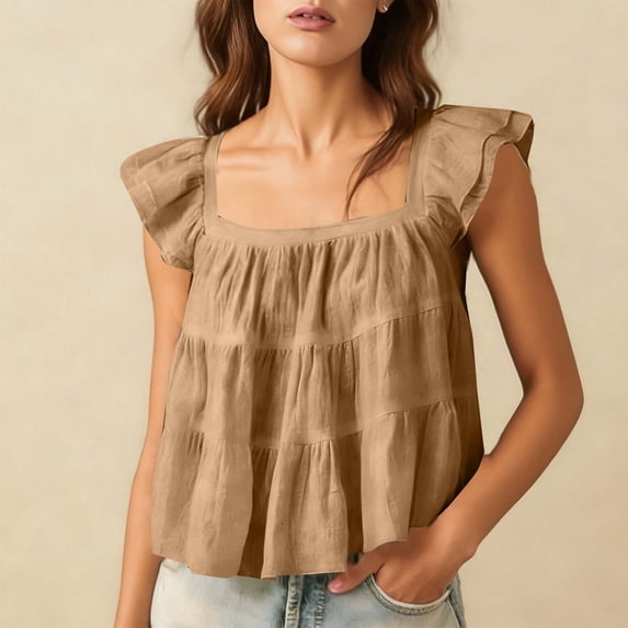 PFRNLF Women's Ruffle Sleeve Crop Tops Summer Flutter Cute Square Neck Casual Cotton Linen Blouses
