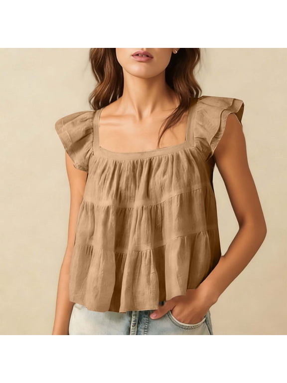 Women's Ruffle Sleeve Crop Tops Summer Flutter Cute Square Neck Casual Cotton Linen Blouses