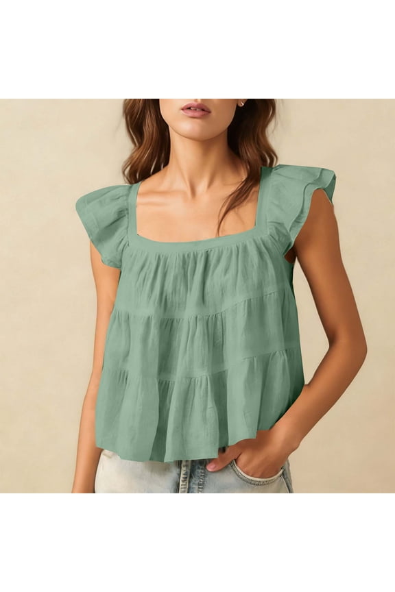 Women's Ruffle Sleeve Crop Tops Summer Flutter Cute Square Neck Casual Cotton Linen Blouses
