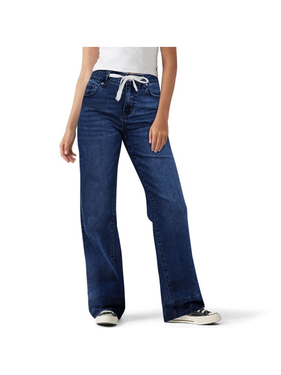 Women's Wide Leg Jeans Drawstring High Waisted Baggy Stretchy Denim Pants