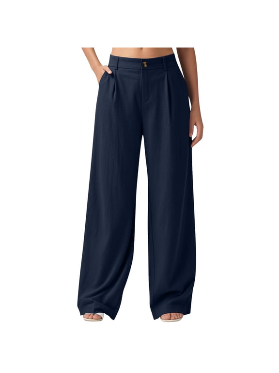 Women's Wide Leg Pants Loose High Waisted Business Cotton Linen Casual Dress Pants