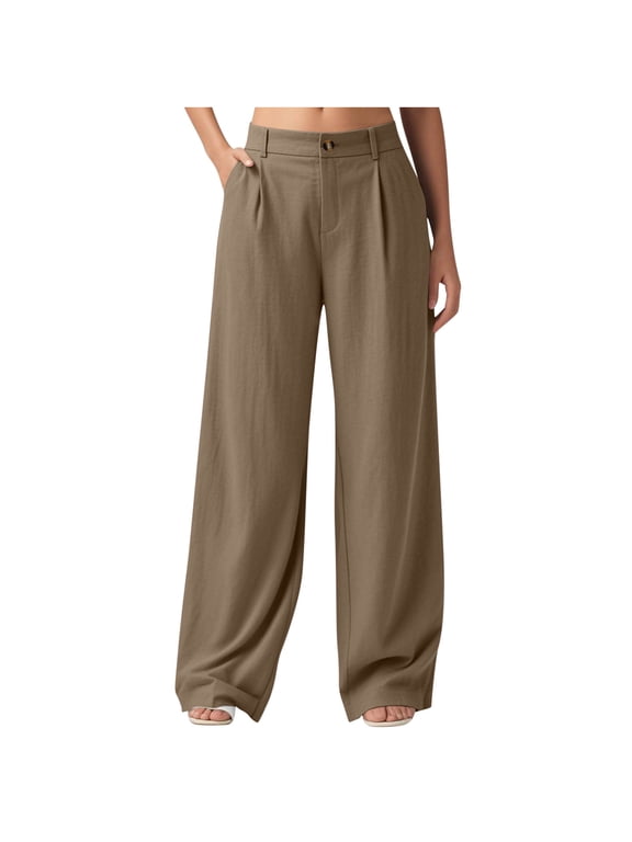Women's Wide Leg Pants Loose High Waisted Business Cotton Linen Casual Dress Pants