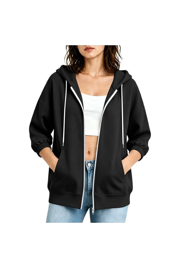 Women's Zip Up Hoodies Lightweight Soft Casual 3/4 Sleeve Full Zip Sweatshirt Jacket with Pockets