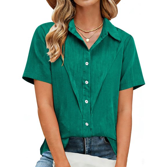 PFRNLF Womens Button Down Shirts Summer Lapel Blouses Casual Collared Short Sleeve Linen Tops