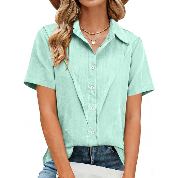 PFRNLF Womens Button Down Shirts Summer Lapel Blouses Casual Collared Short Sleeve Linen Tops