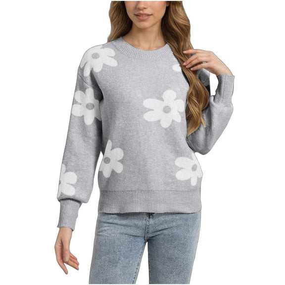 PFRNLF Womens Floral Sweaters Fall Winter Crew Neck Long Sleeve Loose Knit Pullover Sweater Tops