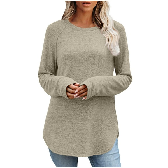 PFRNLF Womens Long Sleeve Shirts Casual Round Neck Curved Hem T Shirts Fall Loose Soft Basic Tops