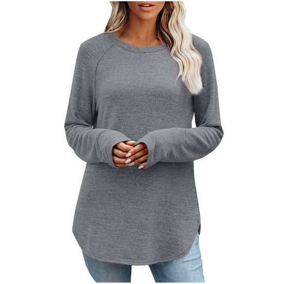 PFRNLF Womens Long Sleeve Shirts Casual Round Neck Curved Hem T Shirts Fall Loose Soft Basic Tops