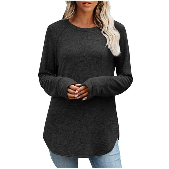 PFRNLF Womens Long Sleeve Shirts Casual Round Neck Curved Hem T Shirts Fall Loose Soft Basic Tops