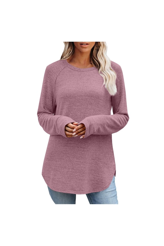Womens Long Sleeve Shirts Casual Round Neck Curved Hem T Shirts Fall Loose Soft Basic Tops