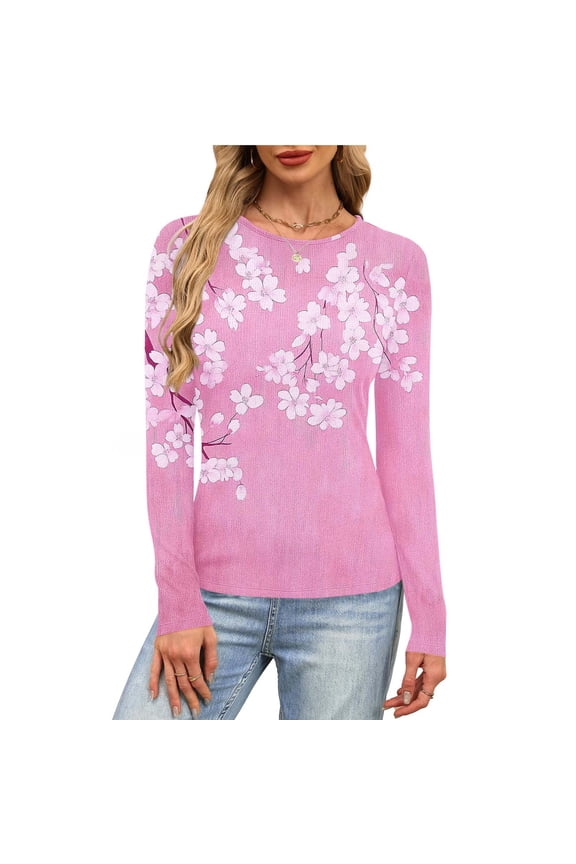 Womens Long Sleeve Shirts Crew Neck Ribbed Knit Fitted Casual Tops Slim Basic Tee