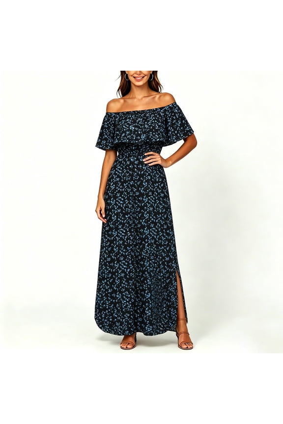 Womens Off The Shoulder Dress Casual Side Split Floral Maxi Dresses with Pockets
