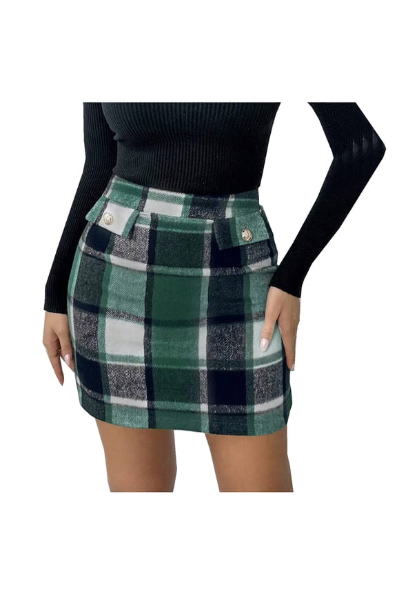 Women's Plaid Skirts Wool Plaid Flannel Mini Skirt High Waisted Pencil Bodycon Fall Winter Skirts