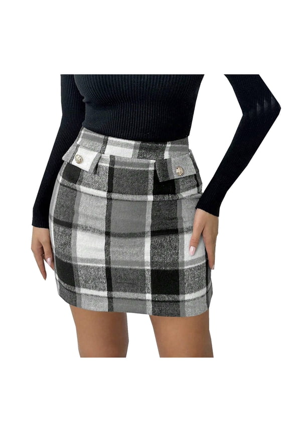 Women's Plaid Skirts Wool Plaid Flannel Mini Skirt High Waisted Pencil Bodycon Fall Winter Skirts