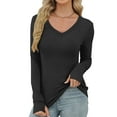 thumbnail image 1 of PFRNLF Womens Ribbed Long Sleeve Tops Summer Casual Slim Fitted V Neck Basic Tee Shirts, 1 of 9
