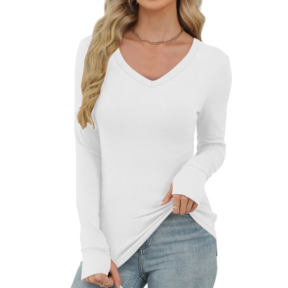 PFRNLF Womens Ribbed Long Sleeve Tops Summer Casual Slim Fitted V Neck Basic Tee Shirts