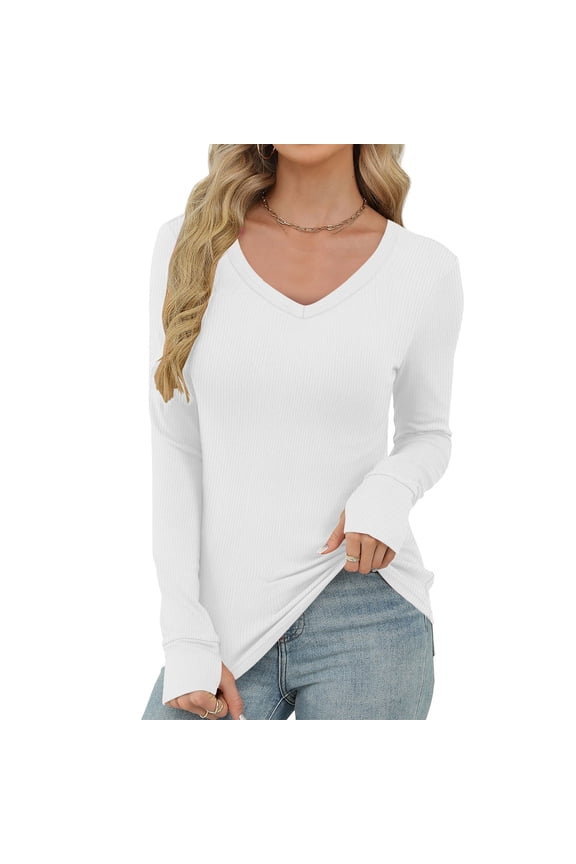 Womens Ribbed Long Sleeve Tops Summer Casual Slim Fitted V Neck Basic Tee Shirts