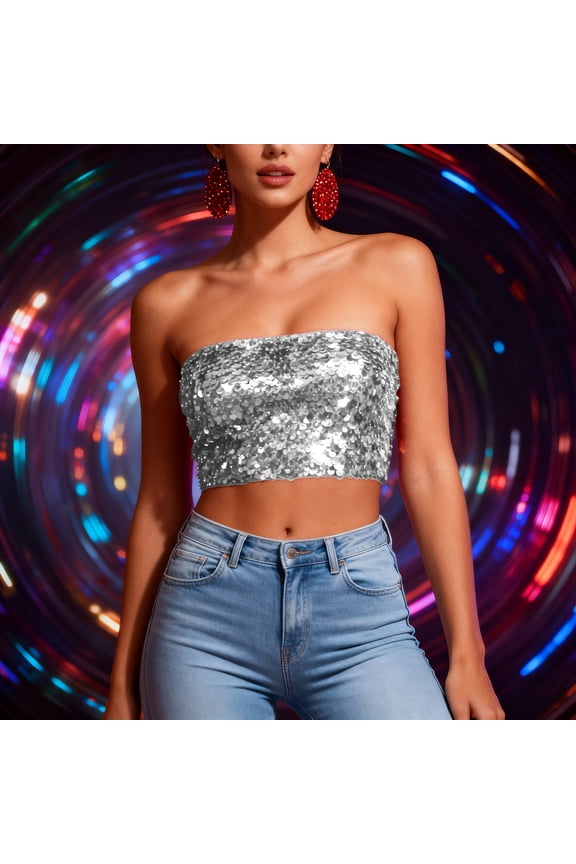Womens Sequin Tube Top Sparkly Sleeveless Metallic Glitter Mardi Gras Crop Tops Club Night Rave
