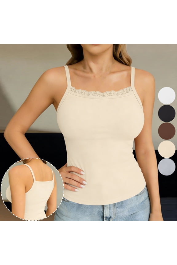 Womens Tank Top with Lace Trim Summer Round Neck Basic Fitted Stretch Camisole