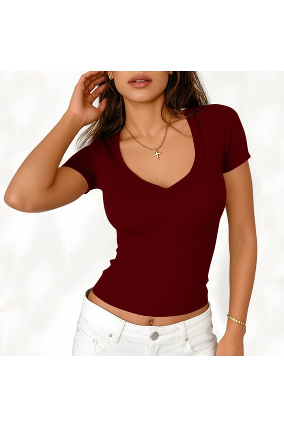 Womens V Neck T Shirts Summer Stretchy Fitted Short Sleeve Ribbed Knit Basic Tee Tops